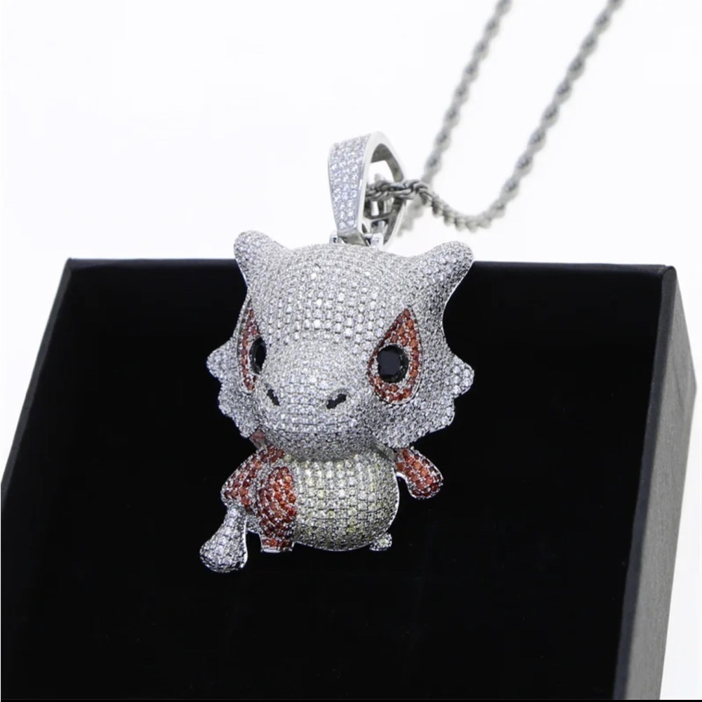 18K White Gold Pokemon Cubone Pave Diamond Hip Hop Bling Drip Necklace Anime